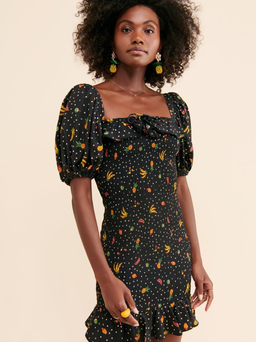 Share FARM Rio Tiny Fruits Smocked Mini Dress Black Size L NWT Retails for $210!